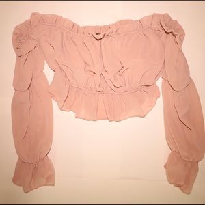 Lilac Woven Ruffle Barsot Flared Sleeve Blouse